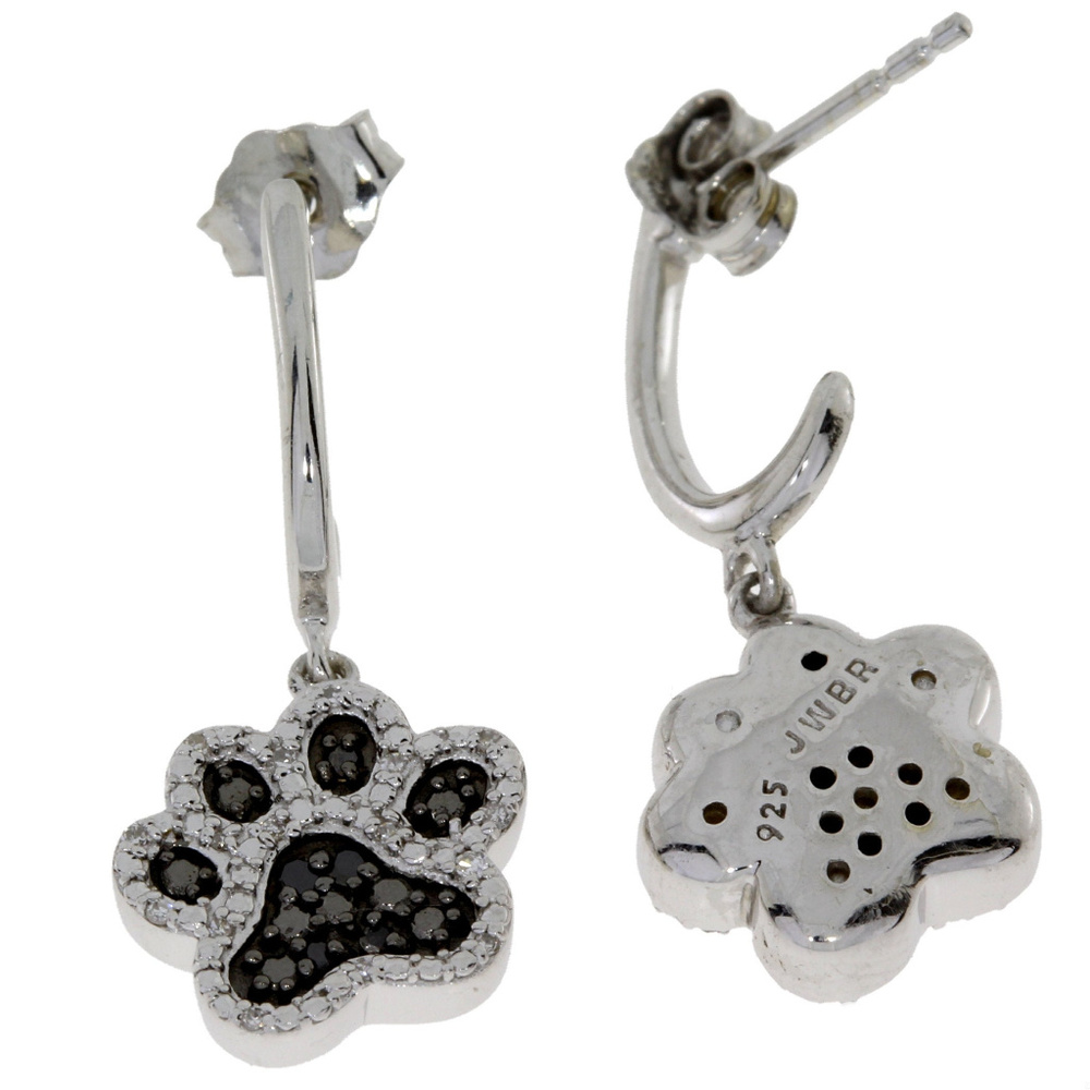 Diamond And Silver Paw Print Dangle Earrings